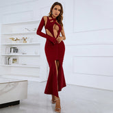 V Neck Long Sleeve Maxi Cut Out Bandage Dress